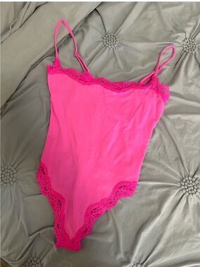 SKIMS Hot Pink Lace-Trim Satin Bodysuit